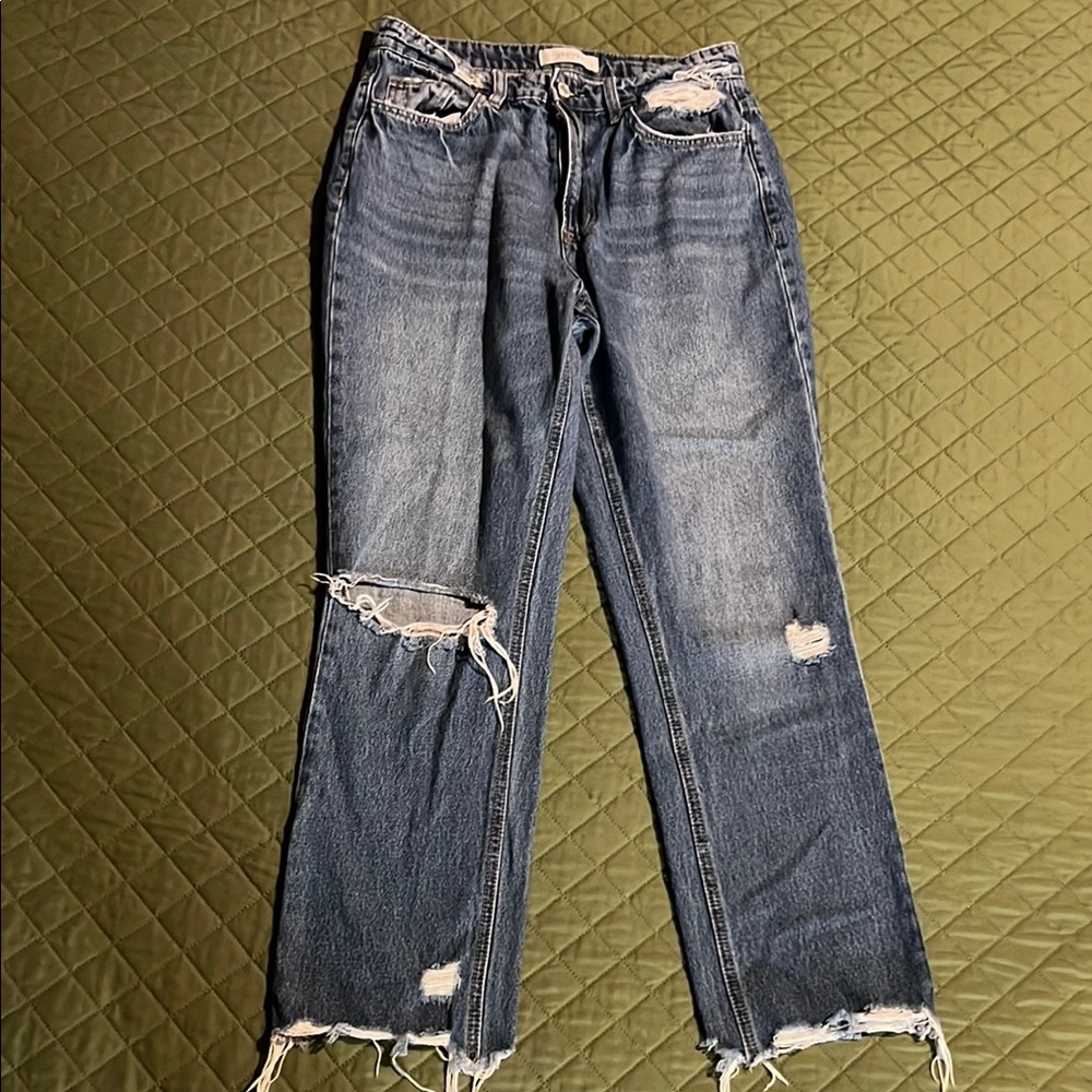 Blue Distressed Boyfriend Jeans with Raw Hem